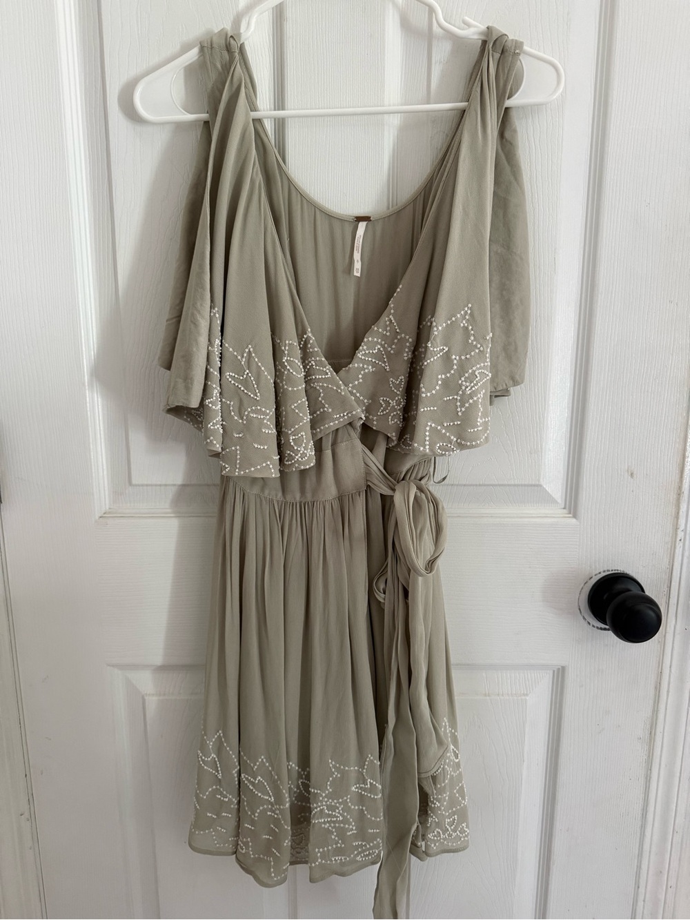 Free People Sage Green Beaded Flutter Sleeve Wrap Mini Dress